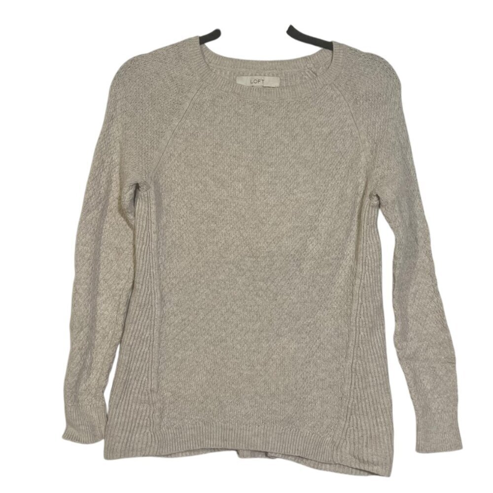 LOFT Crewneck Sweater Cream Long Sleeve Knit Camel Hair Size Small Ribbed Cozy
